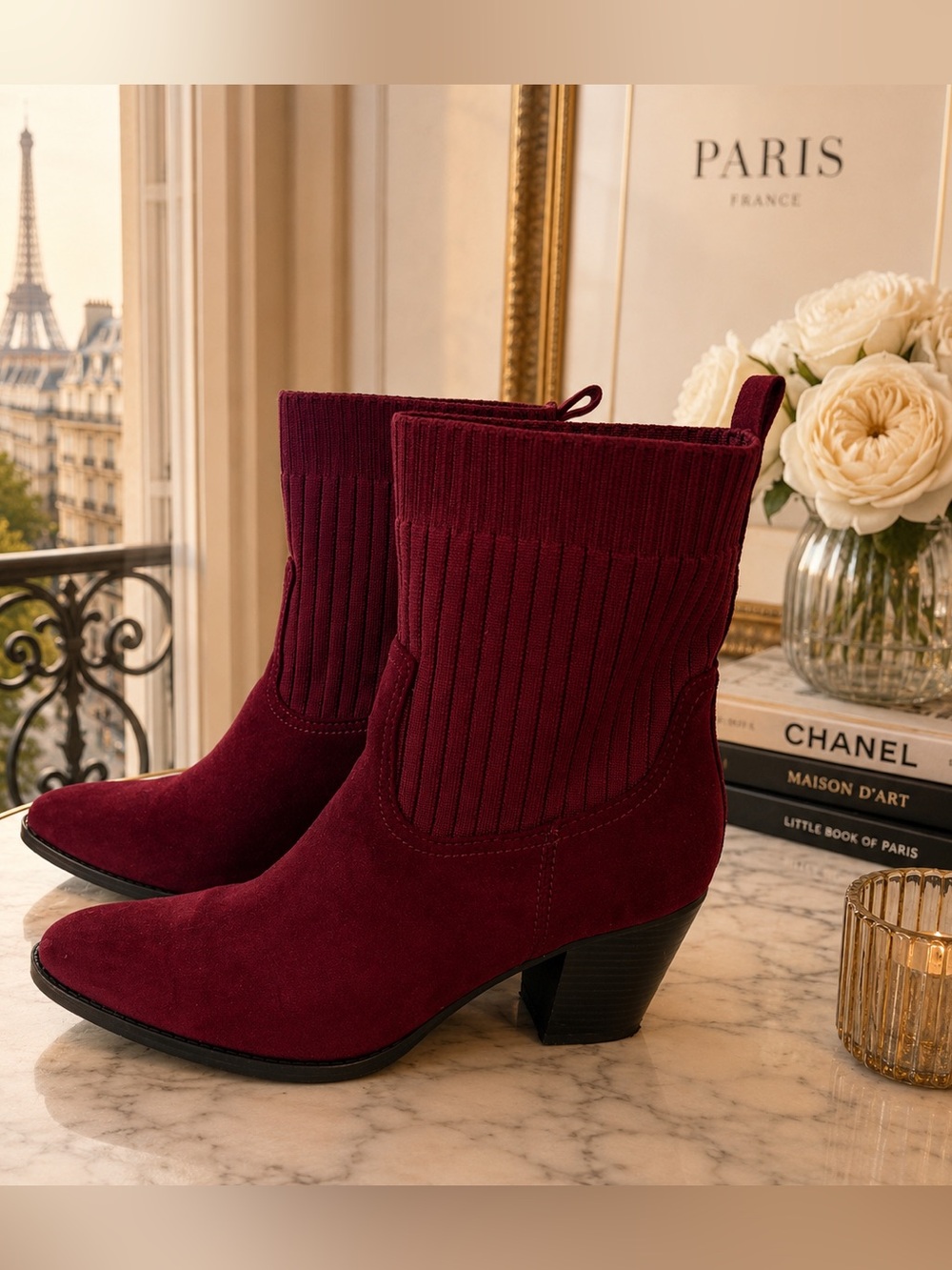 Time and Tru Burgundy Suede Knit Shaft Ankle Boots